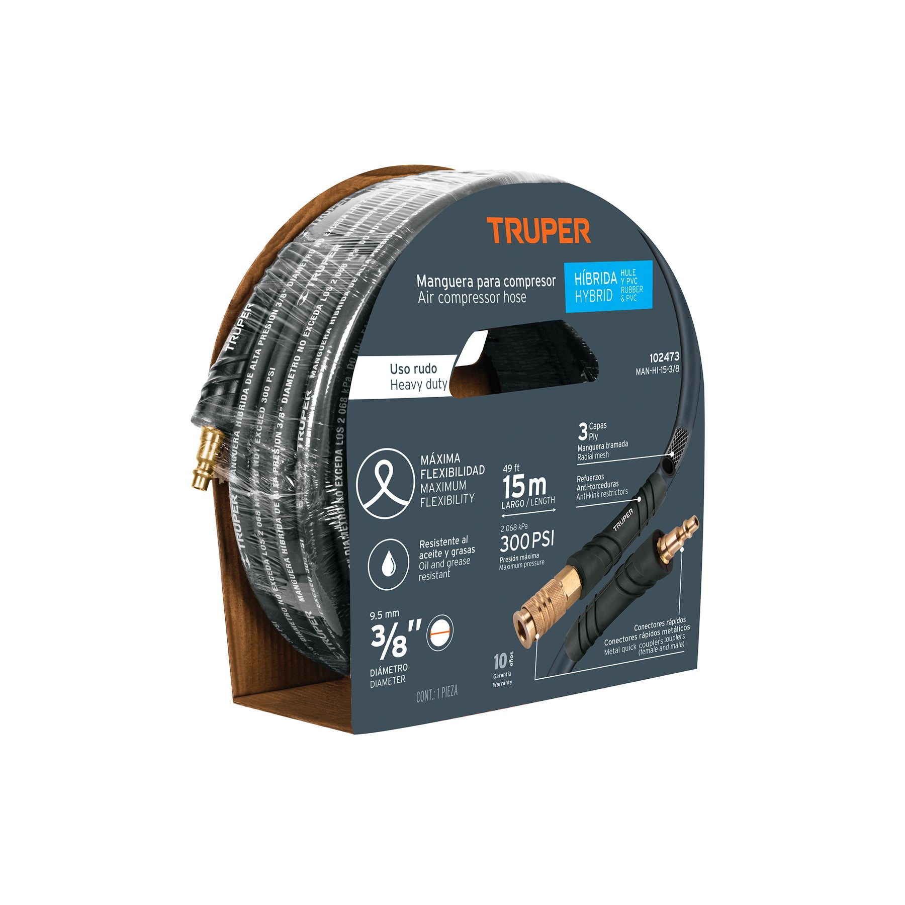 Manguera para compresor, híbrida, 15m x 3/8', TRUPER