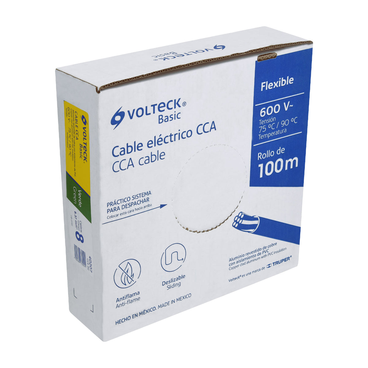 Rollo de 100 metros de cable THW CCA 8 AWG verde, BASIC