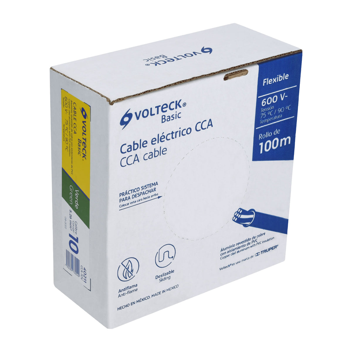Rollo de 100 metros de cable THW CCA 10 AWG verde, BASIC