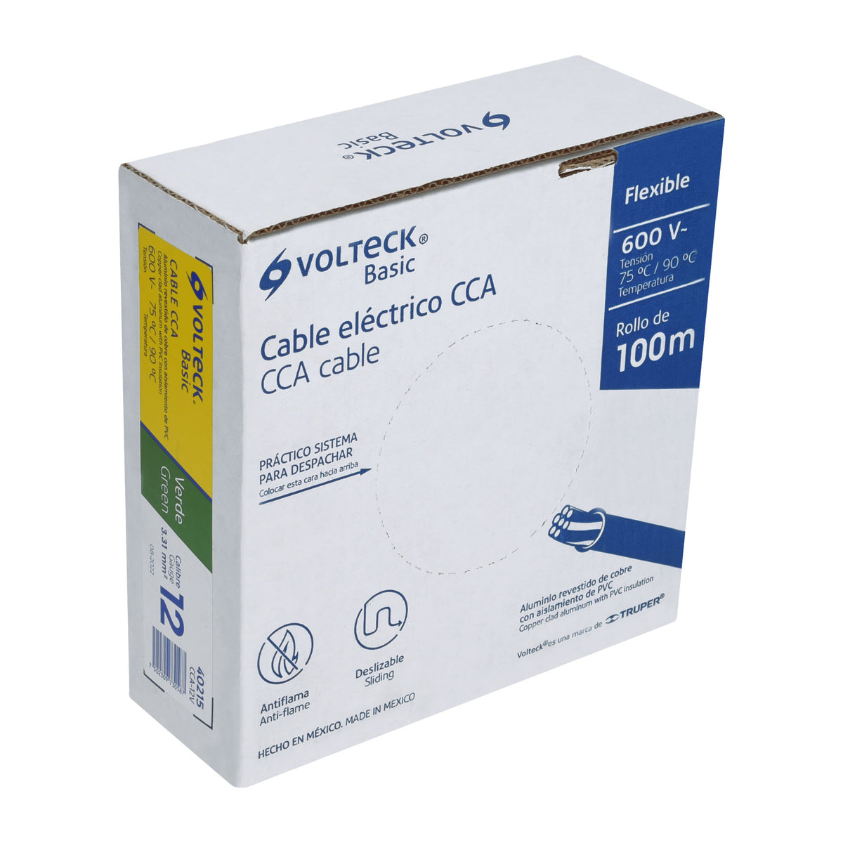 Rollo de 100 metros de cable THW CCA 12 AWG verde, BASIC