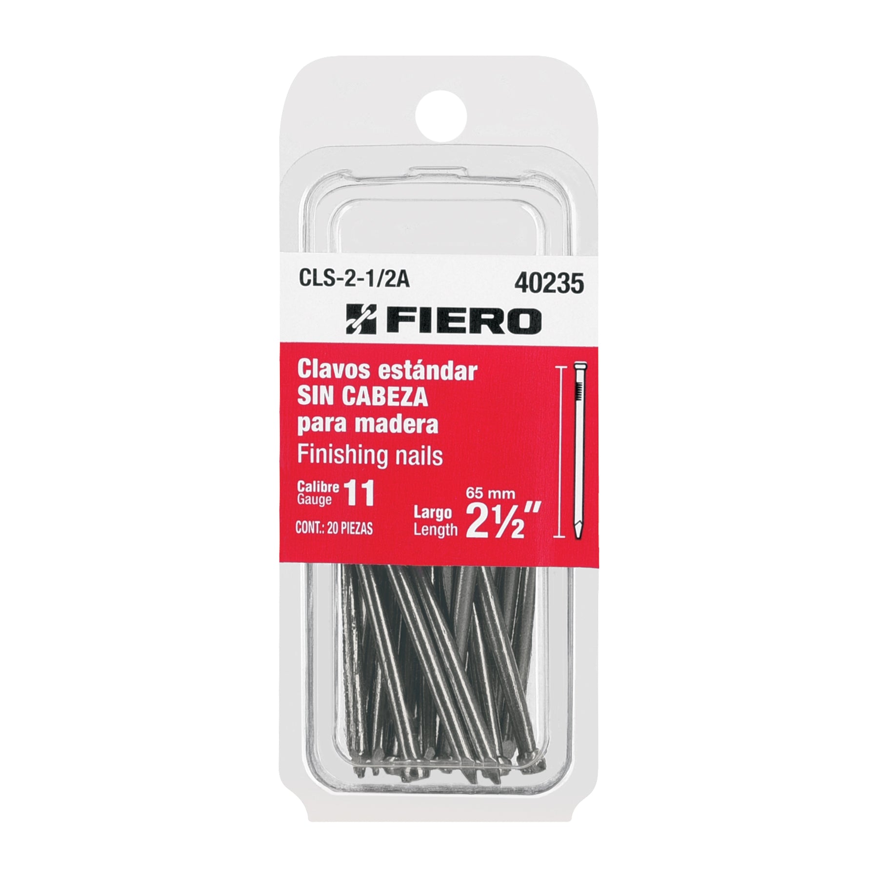 Blíster con 20 clavos estándar 2-1/2' sin cabeza, FIERO