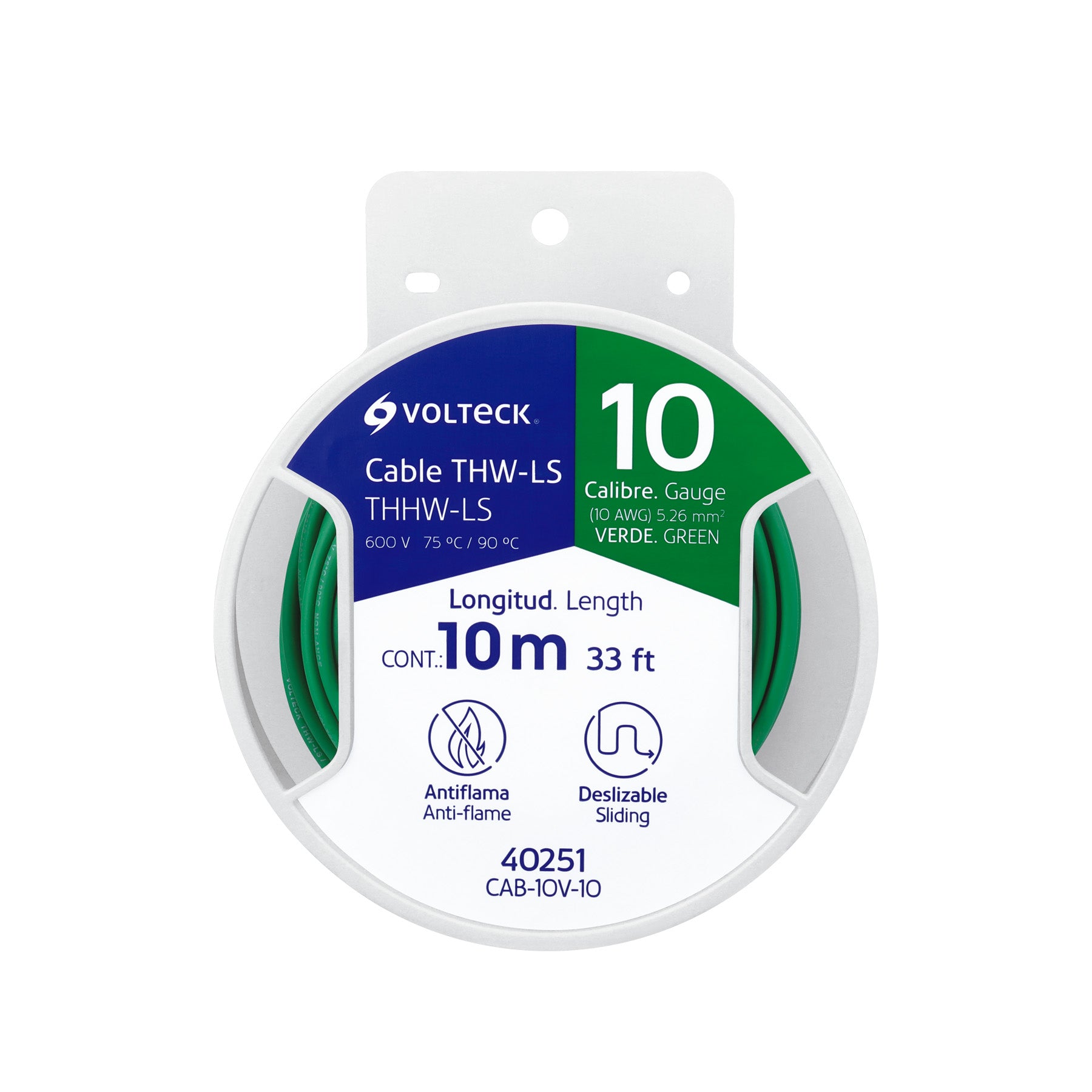 Carrete con 10 m de cable THHW-LS 10 AWG verde, VOLTECK