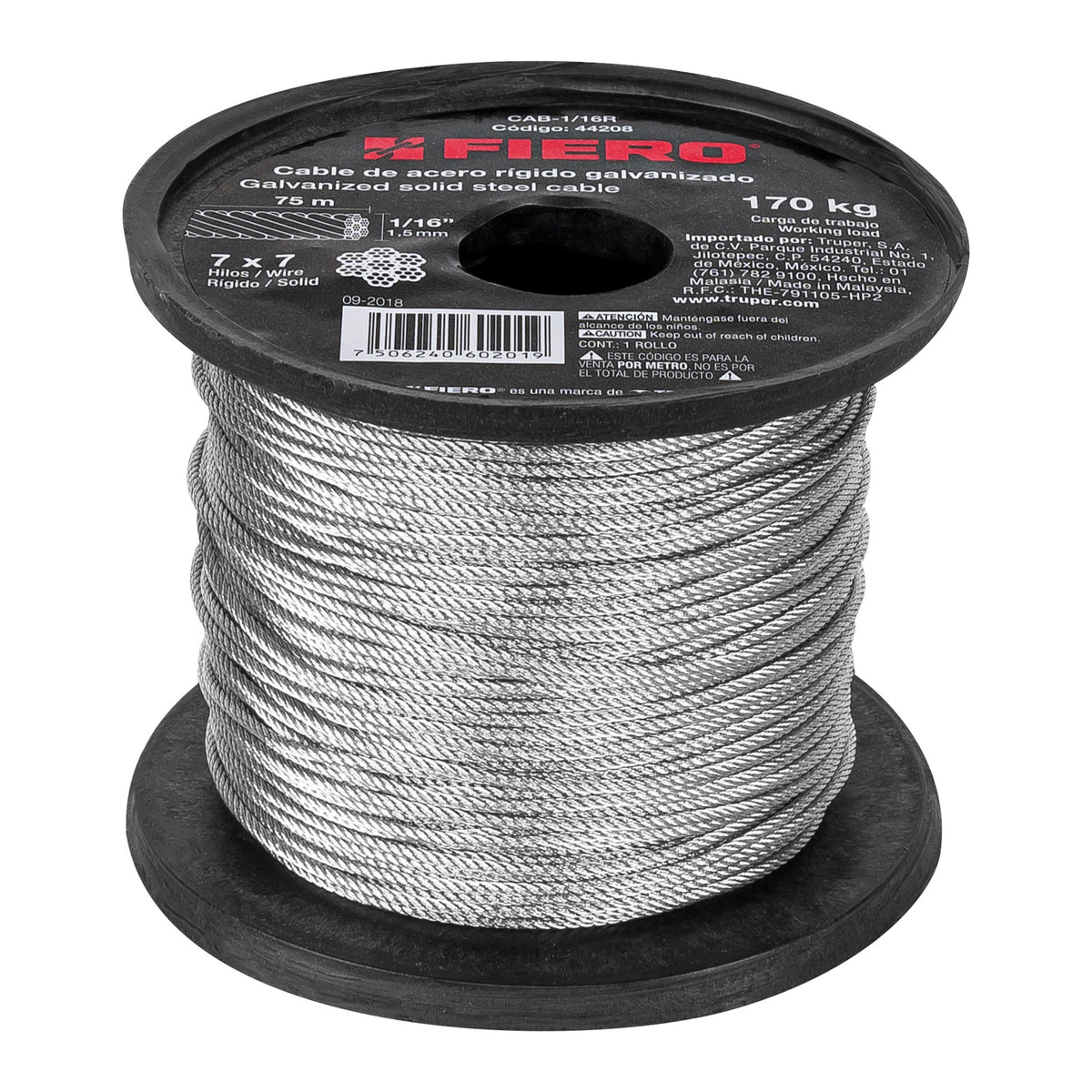 Metro de cable rígido 1/16' de acero 7x7 hilos, 75 m, FIERO