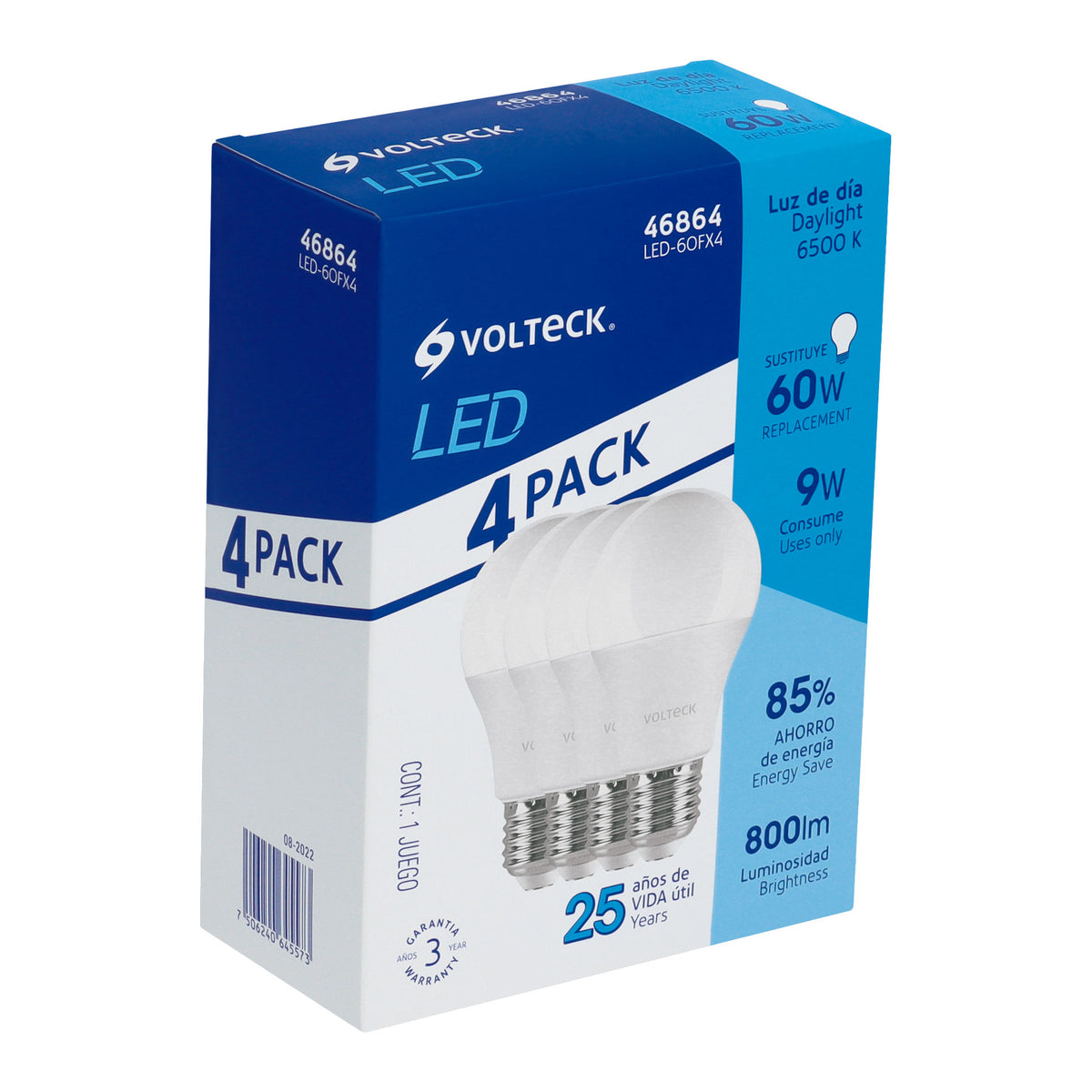 Pack 4 focos LED 9W (60W) A19, 6500K blanca fría, 800 lm