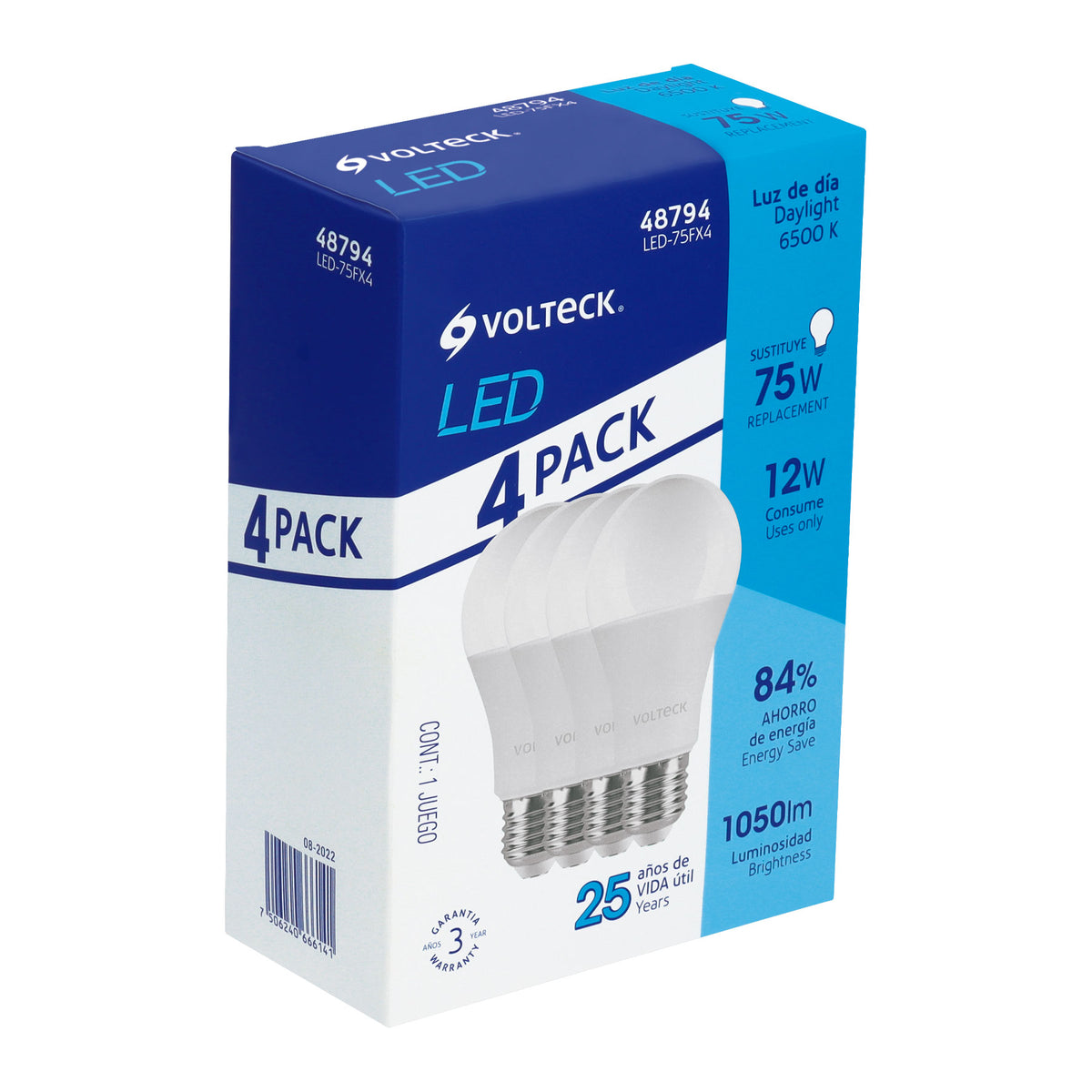 Pack 4 focos LED 12W (75W) A19, 6500K blanca fría, 1050 lm